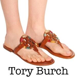 Tory Burch Miller Embroidered Brown Leather Thong Sandals Size 8 1/2